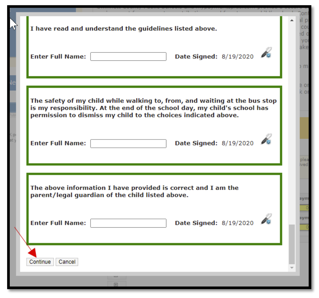 Required information screen